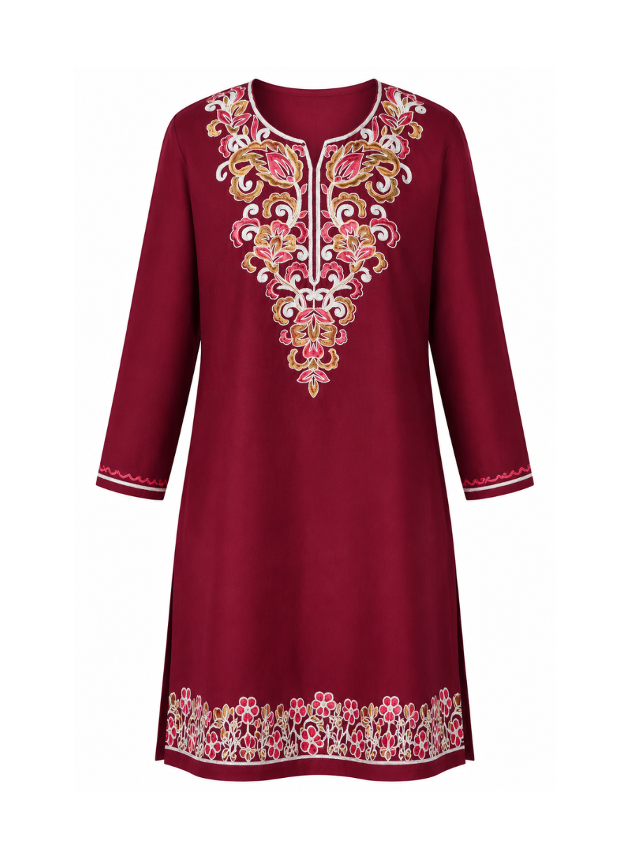 Noor : Aari embroidery summer kurti | Dark Red